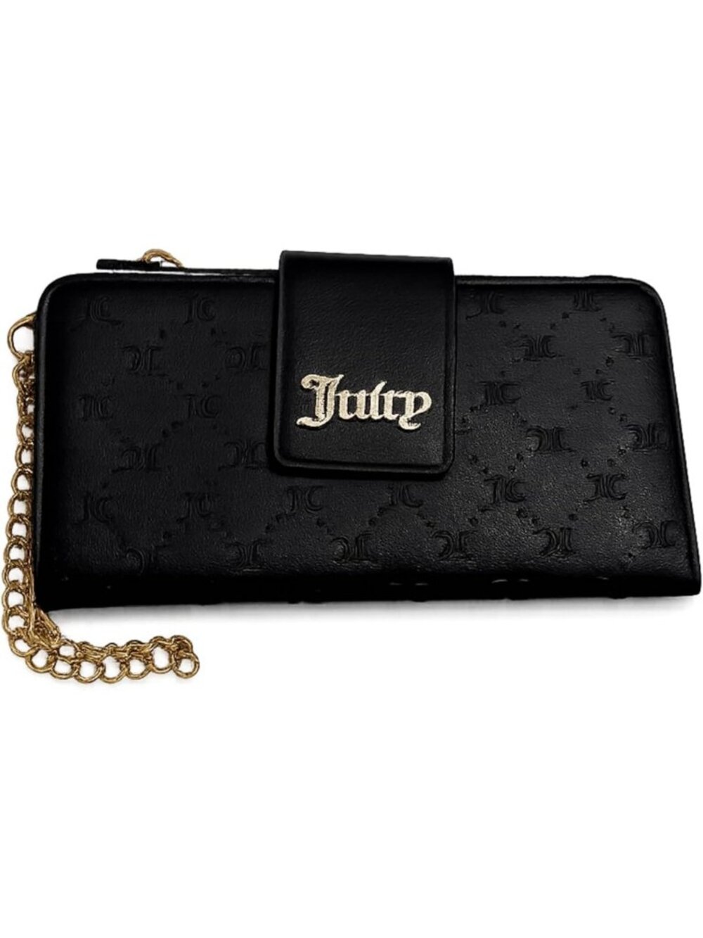 Chic Bifold Tab Wallet with Chain Strap, Embossed Faux Leather, 8x4 in, Black